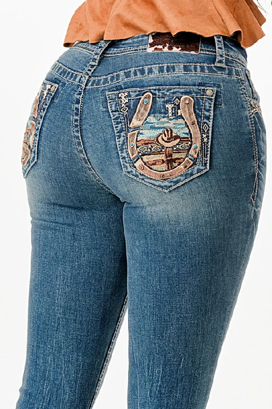 Mountain View Colorful Embroidery Low Rise Bootcut Jeans