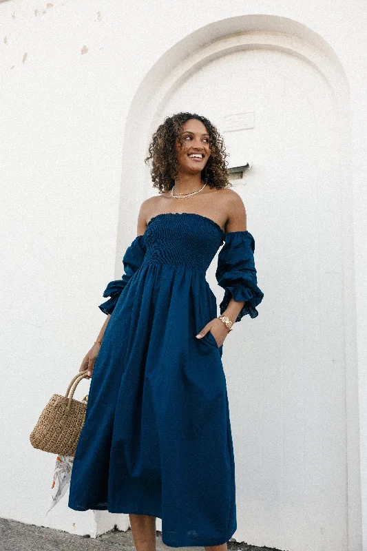 Domenica Shirred Long Sleeve Dress - Navy