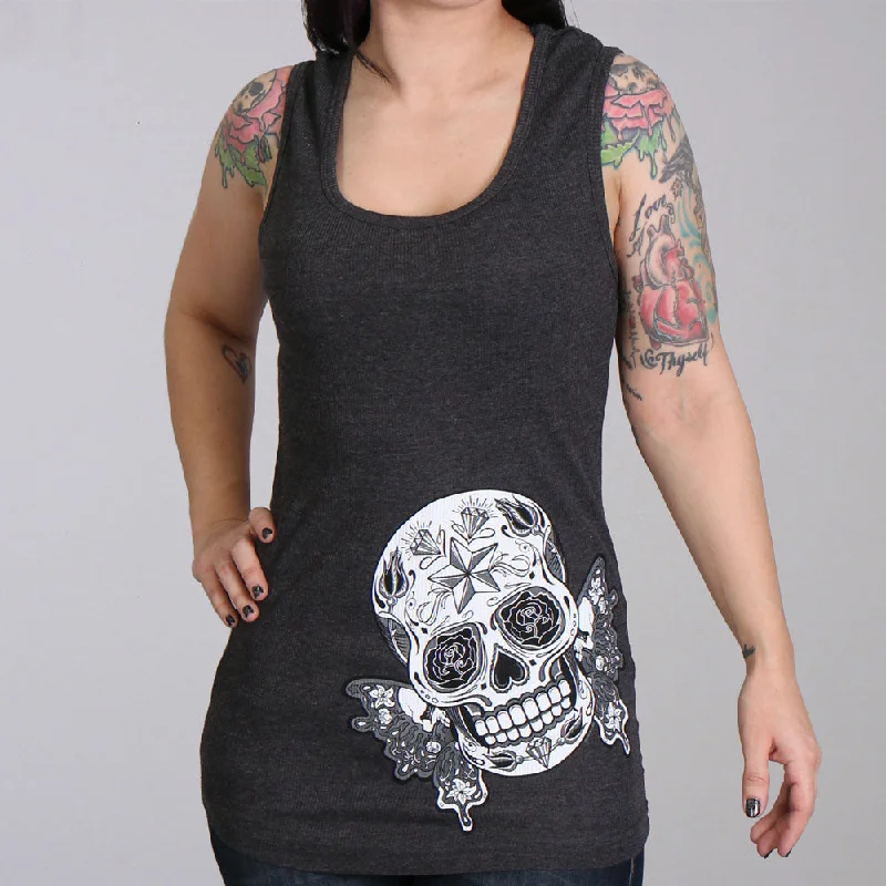 Hot Leathers GLR2388 'Butterfly Sugar Skull' Full Length Boy Beater Heather Charcoal Tank Top Shirt