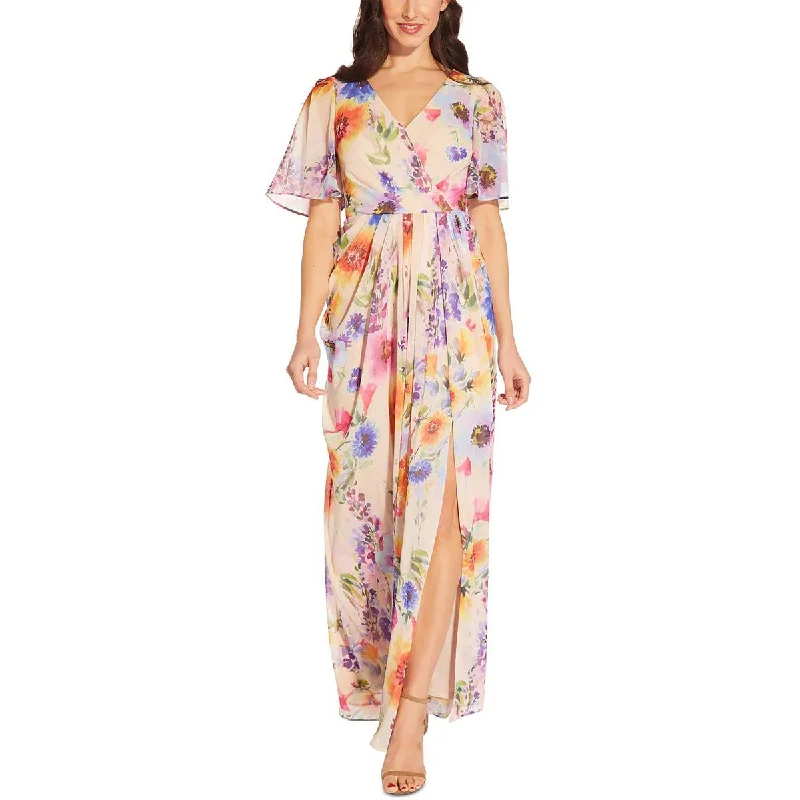 Adrianna Papell Womens Floral Flutter Sleeve Maxi Dress