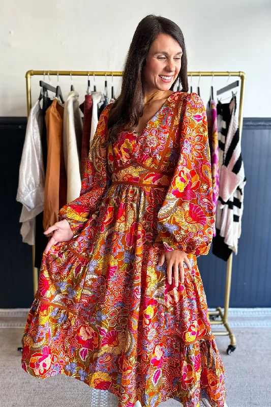 Camel Pink Orange Printed LS Midi Dress