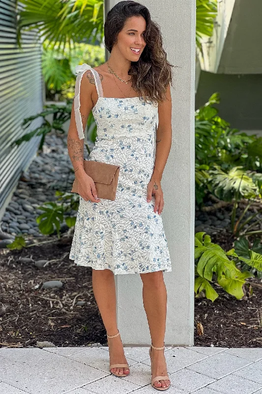 Ivory And Blue Floral Midi Dress