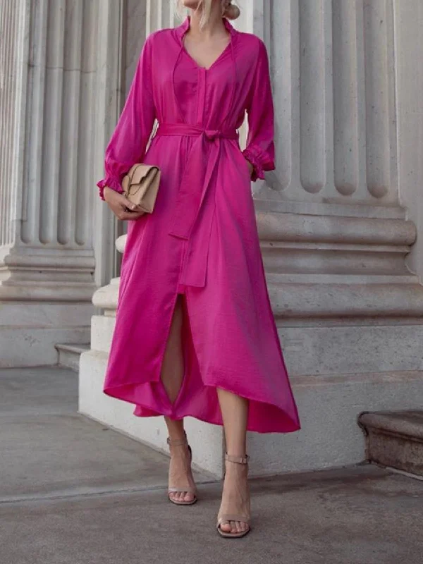 V-neck Solid Color Wide Loose Dress