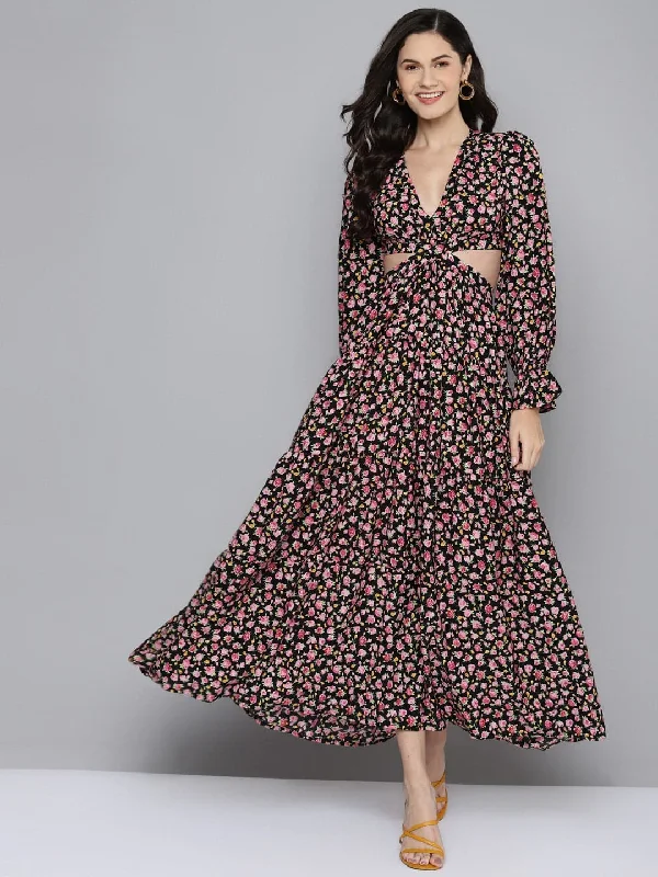 Women Black Ditsy Floral Waist Cut-Out Maxi Dress