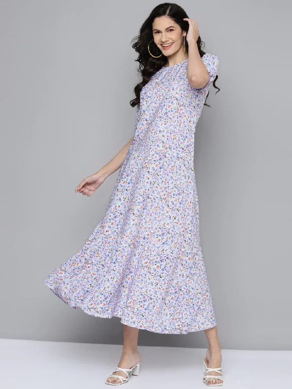 Women Blue Ditsy Floral Puff Sleeve Tiered Maxi Dress