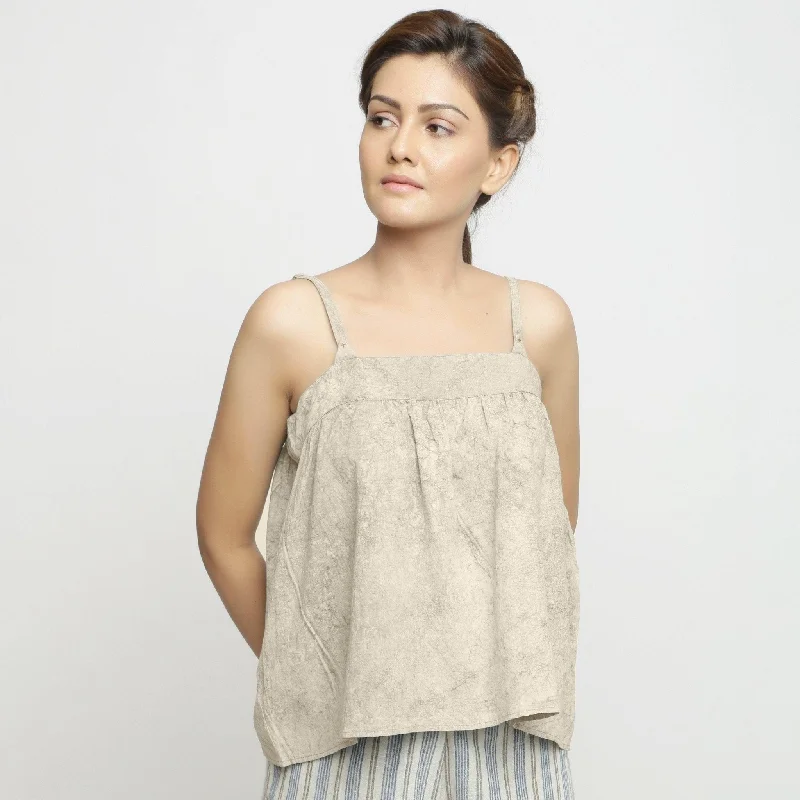 Beige Dabu Print Cotton Strappy Camisole Top