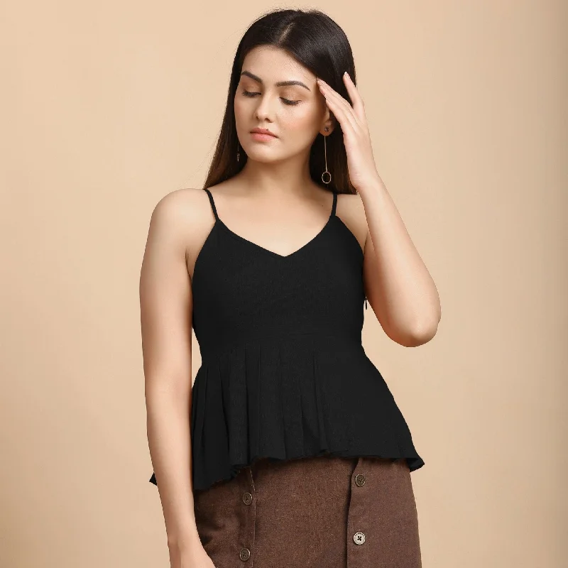 Black Cotton Flax Slim Fit Pleated Camisole Top