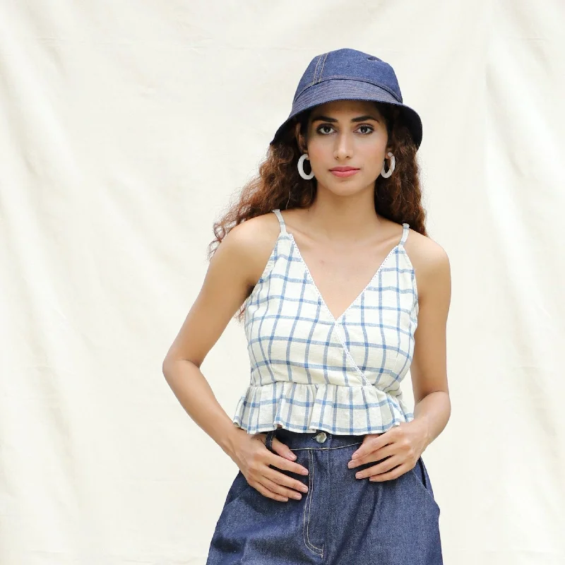 Blue and Off-White Checks Vegetable Dyed Cotton Peplum Wrap Top