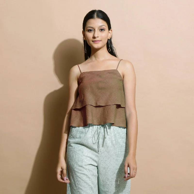 Brown Yarn Dyed Cotton Strap Sleeve Crop Top