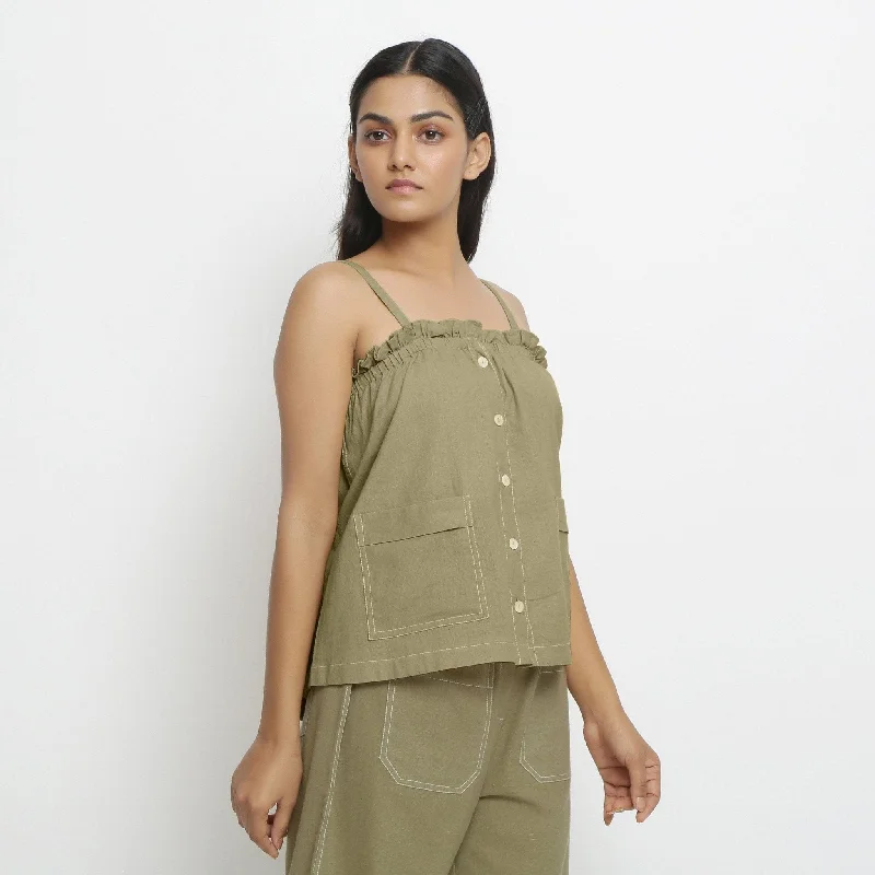 Khakhi Green Patch Pocket 100% Cotton Button-Down Cami Top