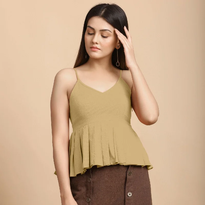 Light Khakhi Cotton Flax Pleated Camisole Top