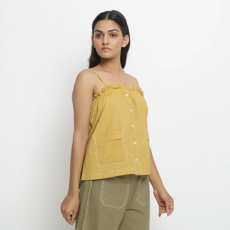 Light Yellow Patch Pocket 100% Cotton Button-Down Cami Top