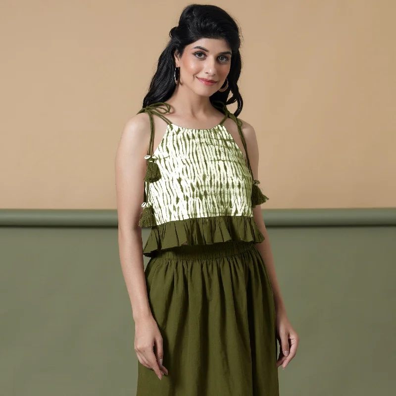 Moss Green Shibori Tie-Dye Cotton Frilled Camisole Top