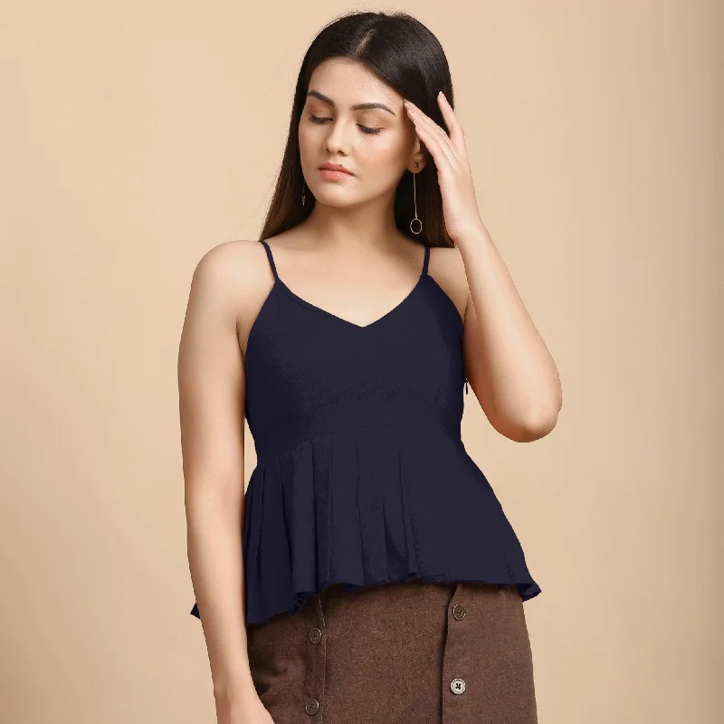 Navy Blue Cotton Flax Pleated Camisole Top