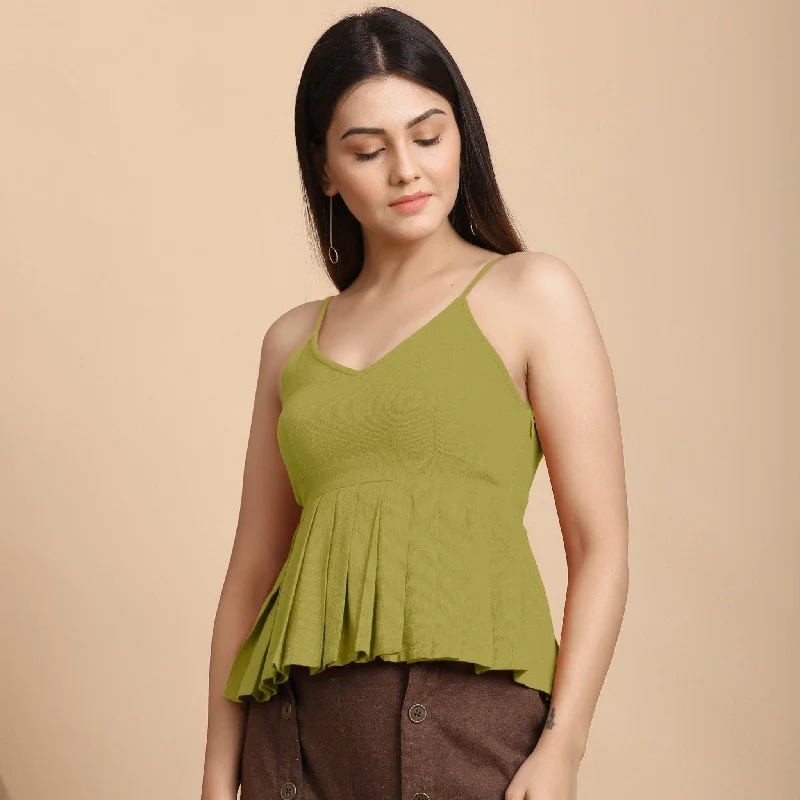 Olive Green Cotton Flax Pleated Camisole Top