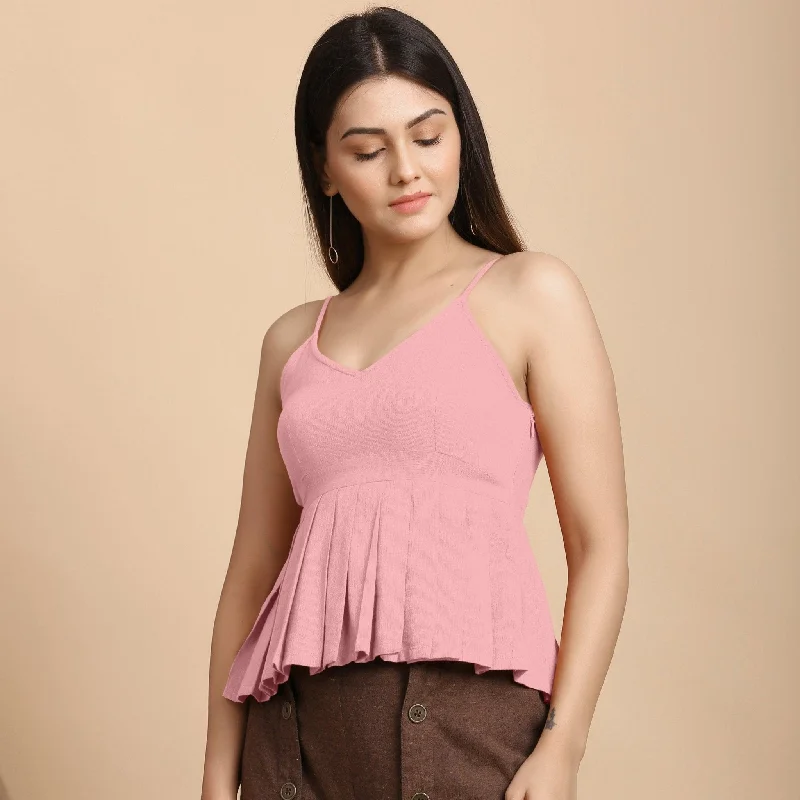 Pink Cotton Flax Slim Fit Pleated Camisole Top