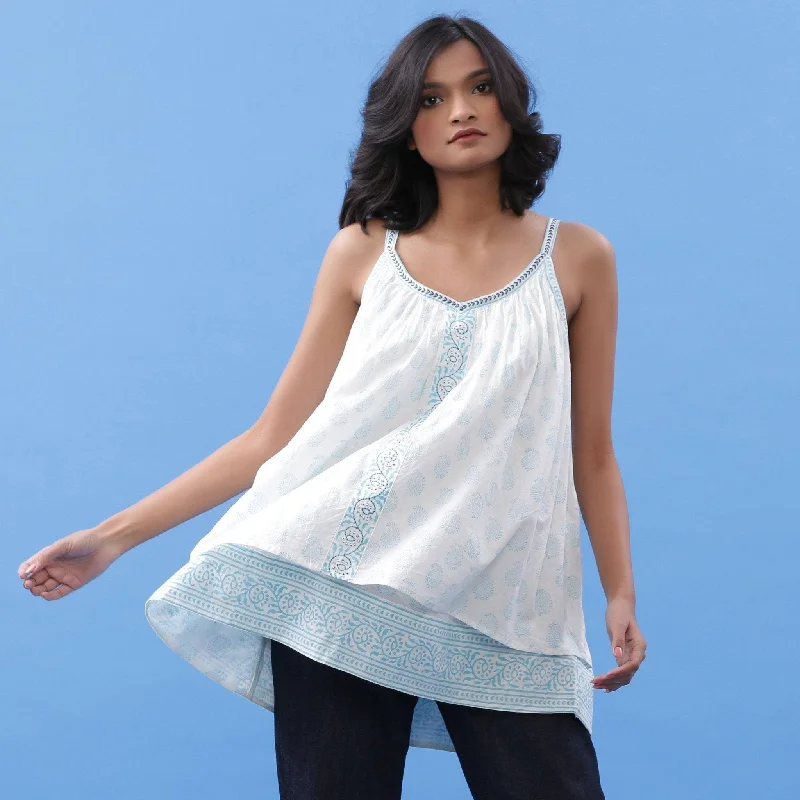 Powder Blue Block Printed Cotton Tunic Top