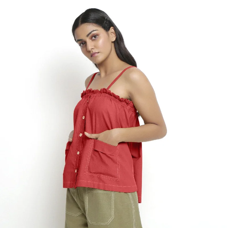 Red Patch Pocket Frill Vegetable Dyed 100% Cotton Camisole Top