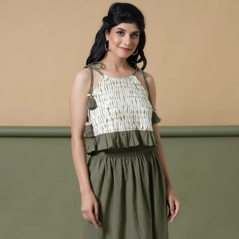 Sage Green Shibori Tie-Dye Cotton Frilled Camisole Top