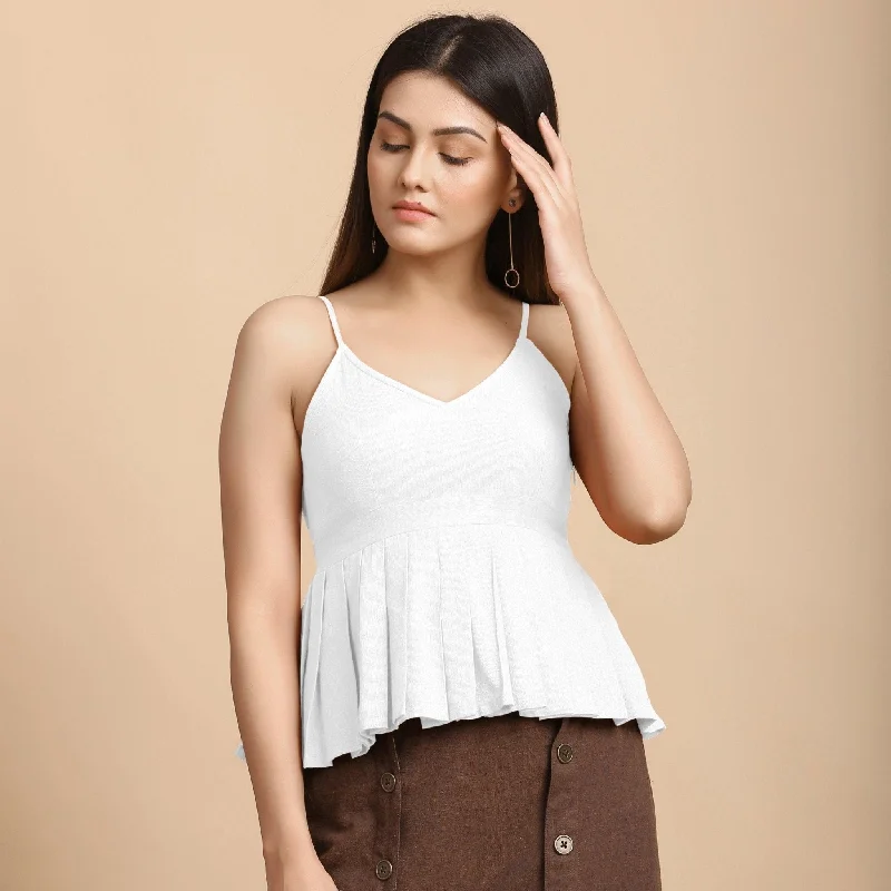 White Cotton Flax Slim Fit Pleated Camisole Top